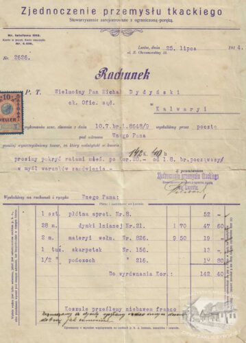 Rachunek wystawiony na Michała Dydyńskiego w 1914 roku przez Zjednoczenie Przemysłu Tkackiego z siedzibą we Lwowie