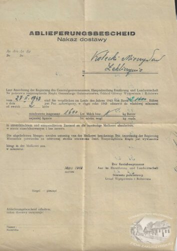 Nakaz Dostawy mleka i masła z 1943 wystawiony przez niemieckie władze okupacyjne na Mieczysława Koteckiego