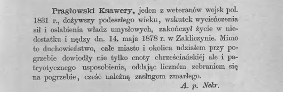 Ksawery Pragłowski - Fragment z książki ",Życiorysy uczestników Powstania Listopadowego”.