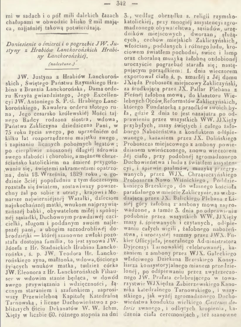 Justyna Lanckoronska Pogrzeb 1829 Rok Gazeta Rozmaitosci 7