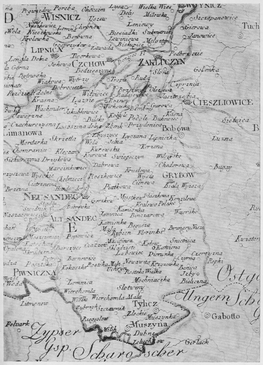 Zakliczyn na mapie Galicji Zachodniej, atlas Nezburga i Rizzi Zanoniego, Wiedeń 1803 rok. Zbiory kartograficzne Biblioteki Jagiellońskiej.